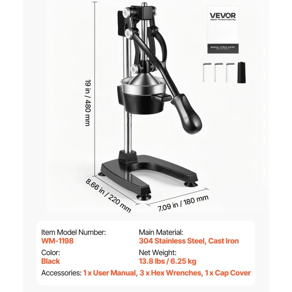 VEVOR Manual Citrus Juicer, 19" Tall Hand Press Oranges Juicer, Manual Fresh Juice Extractor for Lemon Pomegranate Grapefruit, Heavy-Duty Cast Iron, Easy to Clean, Home & Commercial Use, Black