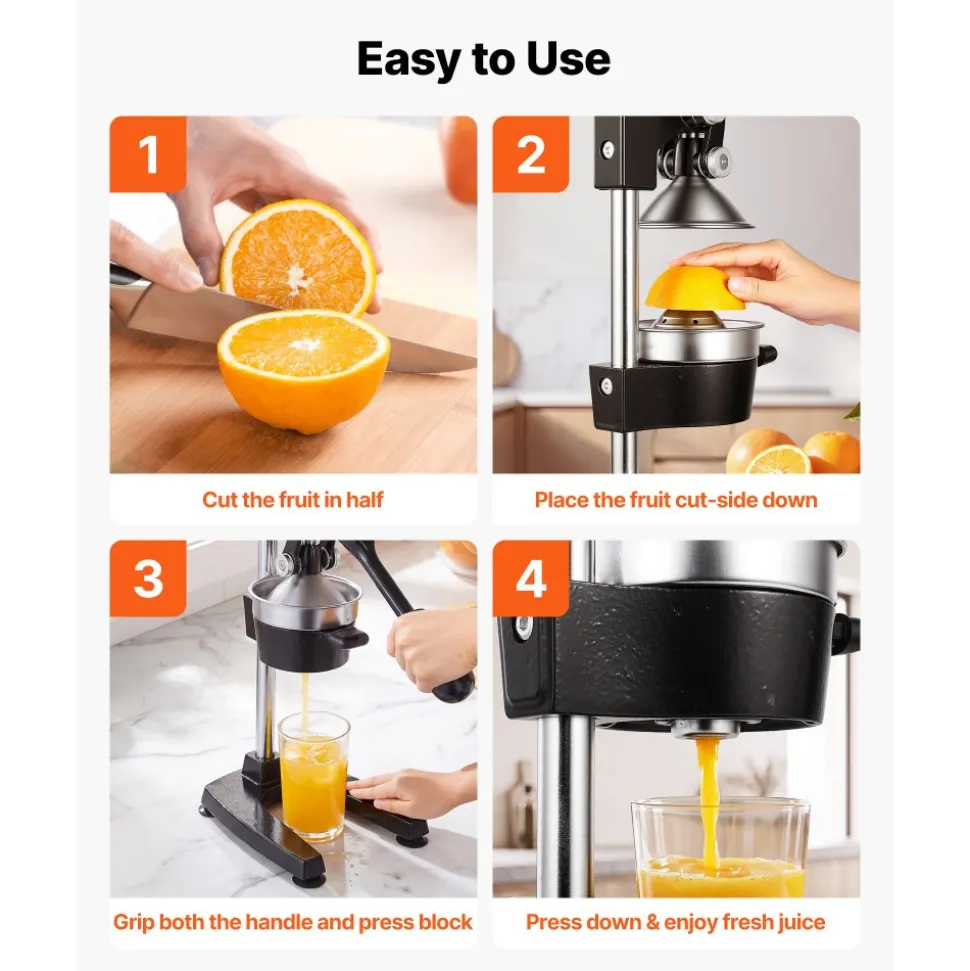 VEVOR Manual Citrus Juicer, 19" Tall Hand Press Oranges Juicer, Manual Fresh Juice Extractor for Lemon Pomegranate Grapefruit, Heavy-Duty Cast Iron, Easy to Clean, Home & Commercial Use, Black