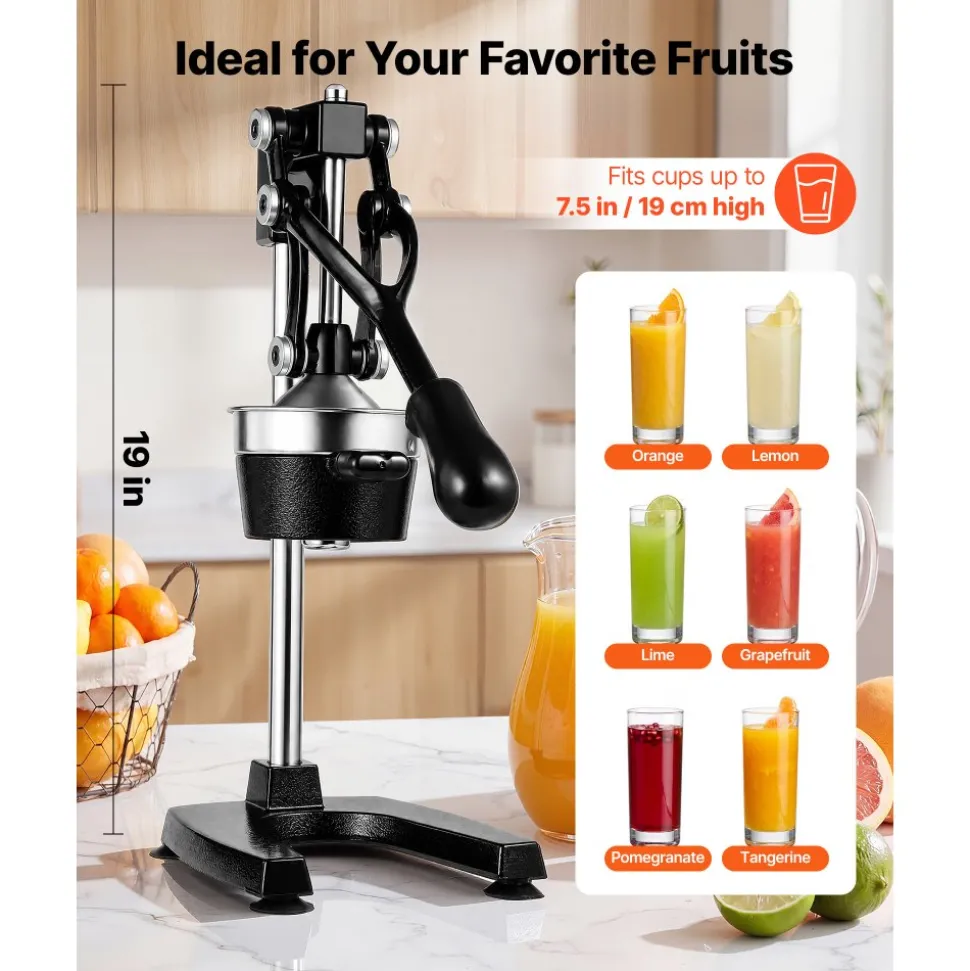 VEVOR Manual Citrus Juicer, 19" Tall Hand Press Oranges Juicer, Manual Fresh Juice Extractor for Lemon Pomegranate Grapefruit, Heavy-Duty Cast Iron, Easy to Clean, Home & Commercial Use, Black