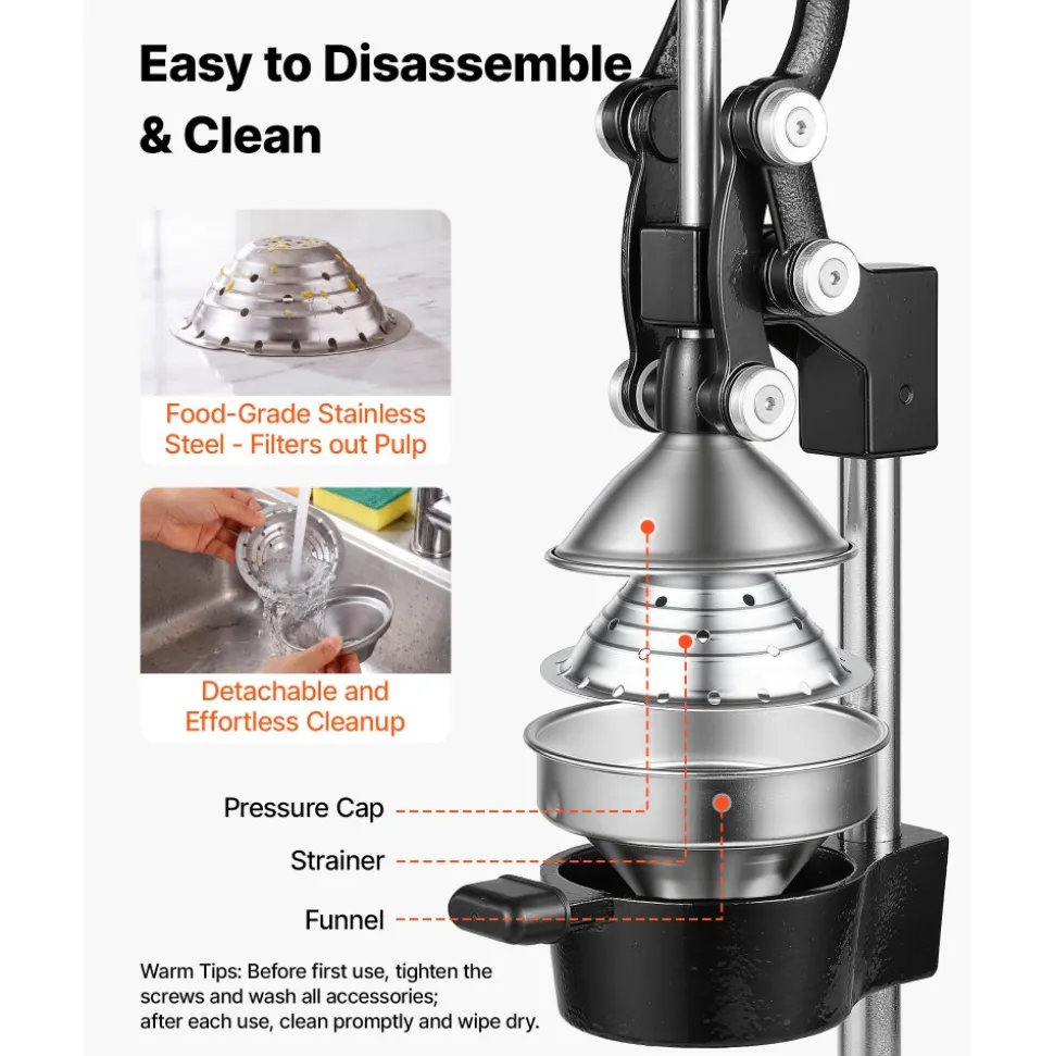 VEVOR Manual Citrus Juicer, 19" Tall Hand Press Oranges Juicer, Manual Fresh Juice Extractor for Lemon Pomegranate Grapefruit, Heavy-Duty Cast Iron, Easy to Clean, Home & Commercial Use, Black