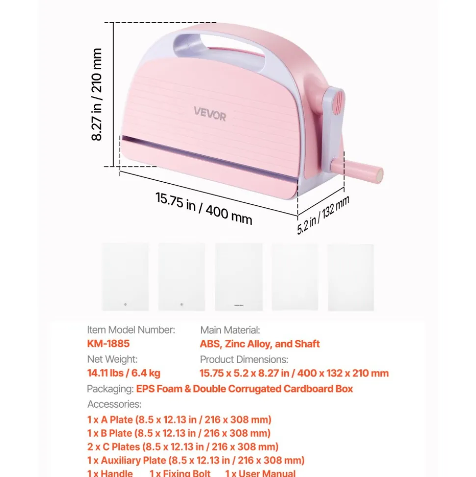 VEVOR Manual Die Cutting and Embossing Machine, 9" Opening, Portable Die Cut Machine with Cutting Plates, Ergonomic Handle, Easy to Store, for Arts and Crafts, Scrapbooking, Card Making, Crafting