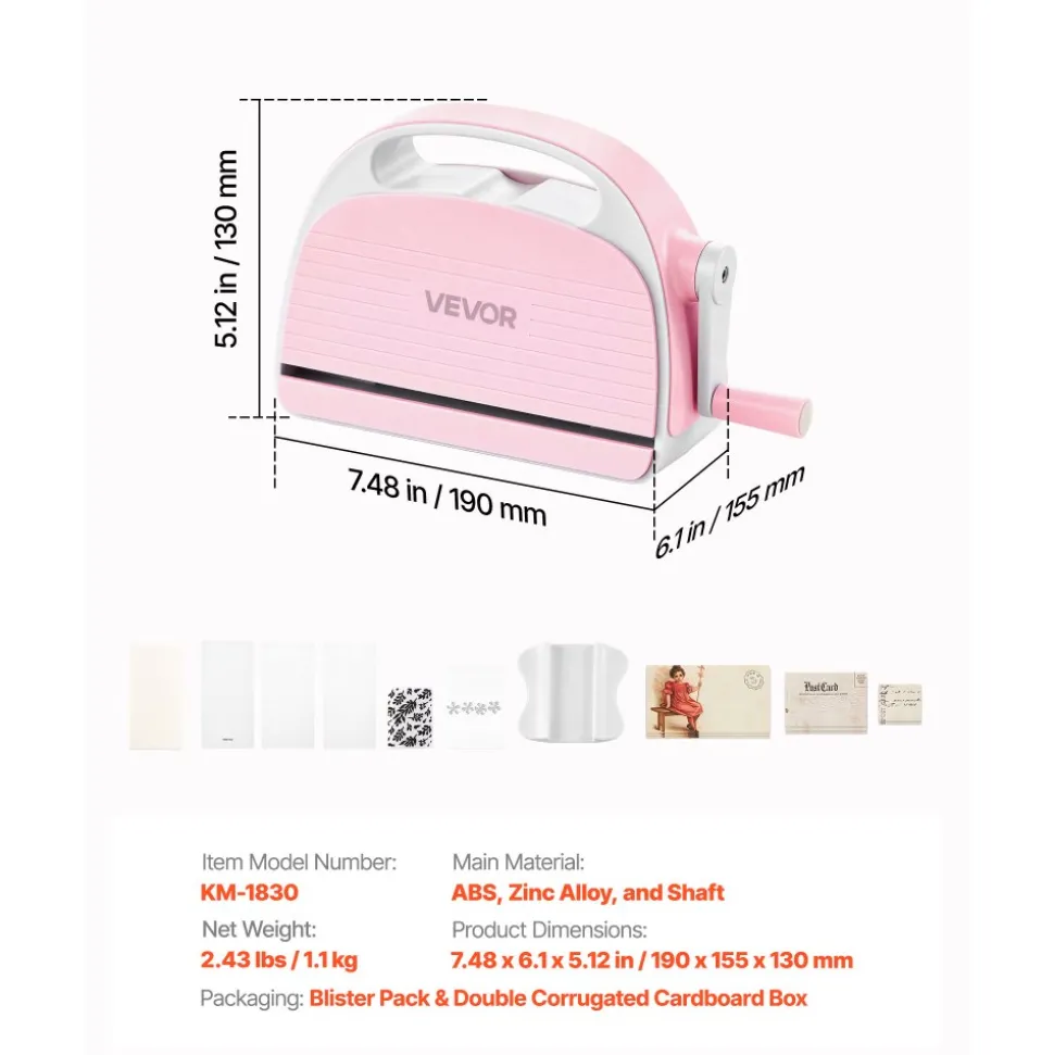 VEVOR Manual Die Cutting and Embossing Machine, 3" Opening, Portable Die Cut Machine Set with Cutting Dies, Embossing Folders, Paper Sheets, Cutting Plates, for Scrapbooking, Card Making, Crafting