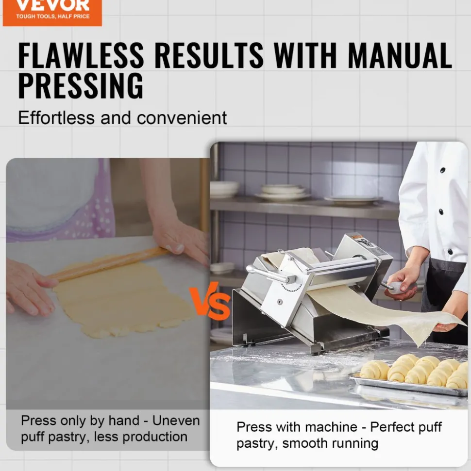 VEVOR Manual Dough Sheeter Machine, Puff Pastry Sheeter and Fondant Roller, Removable Handle, Panel, Roller for Easy Cleaning, Max 1/2 inch Adjustable Thickness, for Home or Small Commercial Kitchens