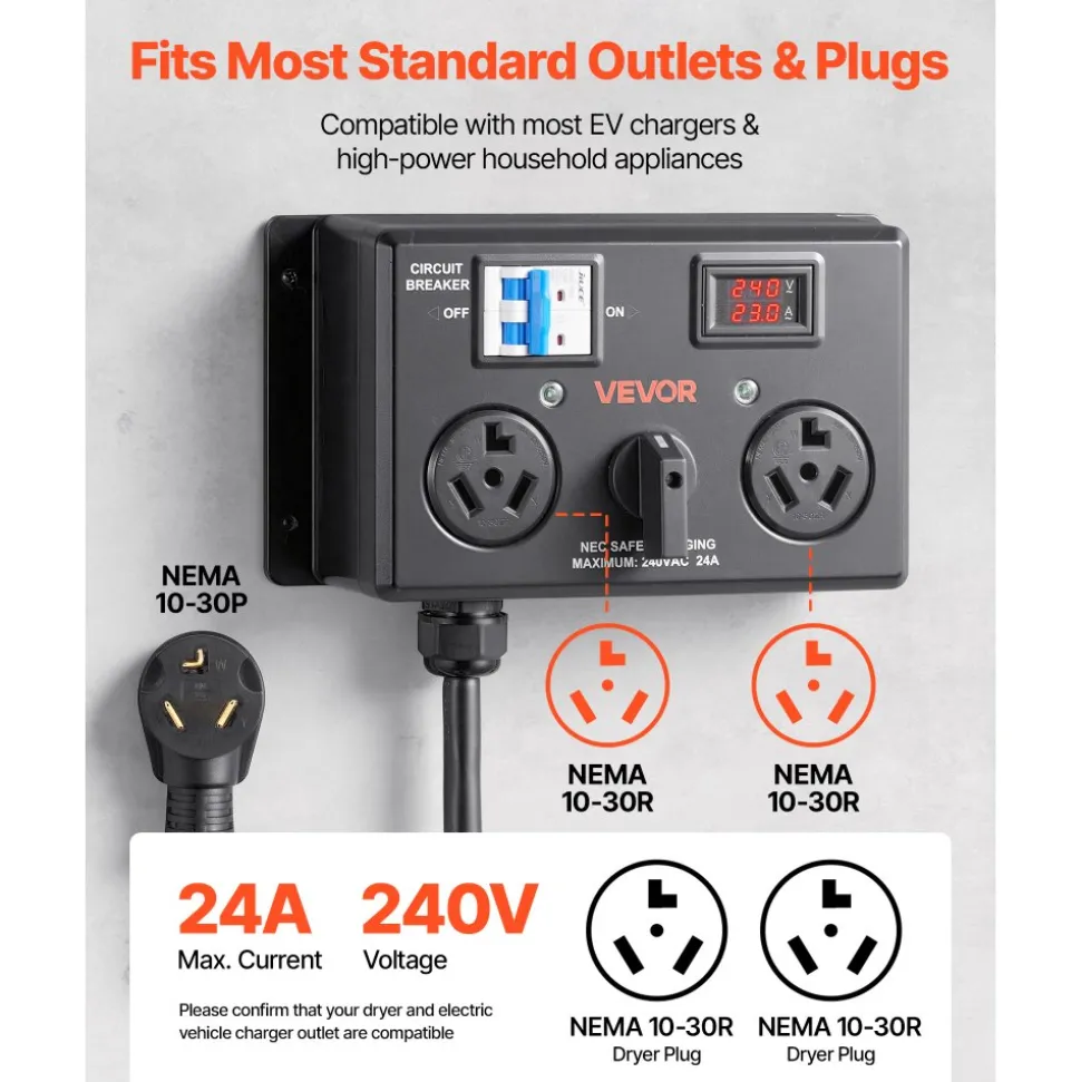 VEVOR Manual EV Charging Switch, NEMA 10-30, Splitter Switch for Dryer & EV, 24A Max 240V Manual Power Distribution with Circuit Breaker, Real-Time Display, Hand-Operated Selector, Plug and Play, ETL