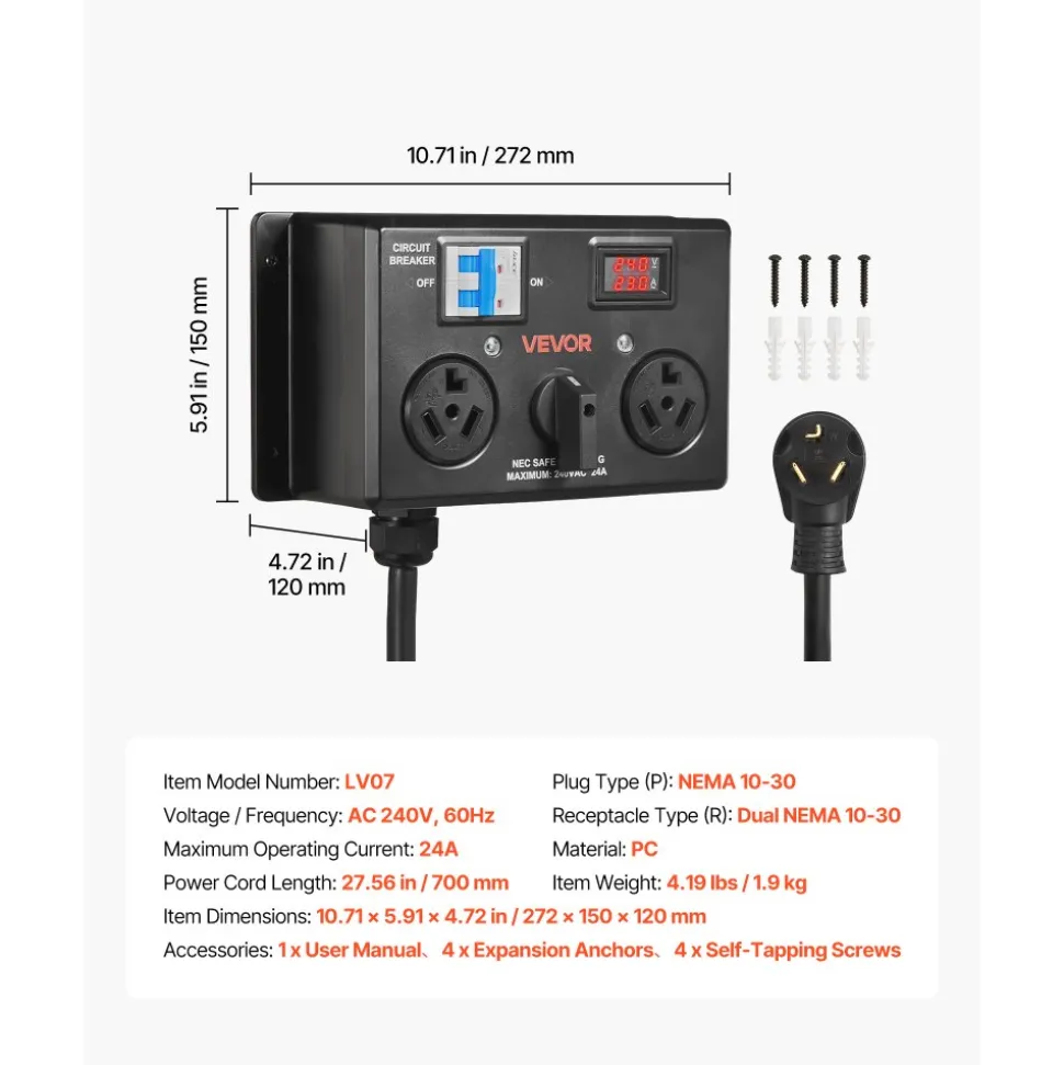 VEVOR Manual EV Charging Switch, NEMA 10-30, Splitter Switch for Dryer & EV, 24A Max 240V Manual Power Distribution with Circuit Breaker, Real-Time Display, Hand-Operated Selector, Plug and Play, ETL