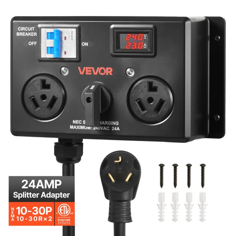 VEVOR Manual EV Charging Switch, NEMA 10-30, Splitter Switch for Dryer & EV, 24A Max 240V Manual Power Distribution with Circuit Breaker, Real-Time Display, Hand-Operated Selector, Plug and Play, ETL