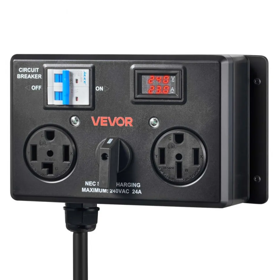 VEVOR Manual EV Charging Switch, NEMA 14-30P to 14-30R & 14-50R, Splitter Switch for Dryer & EV, 24A Max 240V Manual Power Distribution with Circuit Breaker, Hand-Operated Selector, Plug and Play, ETL