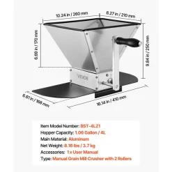VEVOR Manual Grain Mill, Homebrew Malt Grinder, Adjustable Barley Mill Crusher for Wheat Beer Brewing - with 2 Stainless Steel Rollers, 1.06 Gallon Hopper & Metal Base Plate