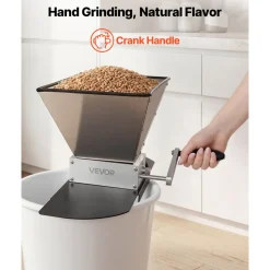 VEVOR Manual Grain Mill, Homebrew Malt Grinder, Adjustable Barley Mill Crusher for Wheat Beer Brewing - with 2 Stainless Steel Rollers, 1.06 Gallon Hopper & Metal Base Plate