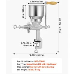 VEVOR Manual Grain Mill with High Hopper, Hand-Crank Corn Grinder, Heavy Duty Cast Iron Wheat Grinding Mill with Stable Table Clamp for Grains Spices Coffee Beans Nuts