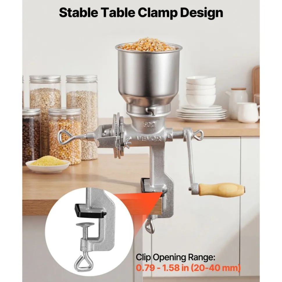 VEVOR Manual Grain Mill with High Hopper, Hand-Crank Corn Grinder, Heavy Duty Cast Iron Wheat Grinding Mill with Stable Table Clamp for Grains Spices Coffee Beans Nuts