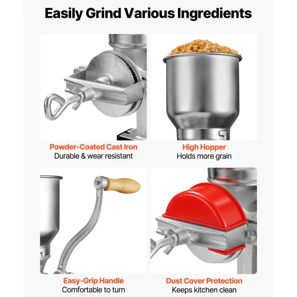 VEVOR Manual Grain Mill with High Hopper, Hand-Crank Corn Grinder, Heavy Duty Cast Iron Wheat Grinding Mill with Stable Table Clamp & Dust Cover for Grains Spices Coffee Beans Nuts