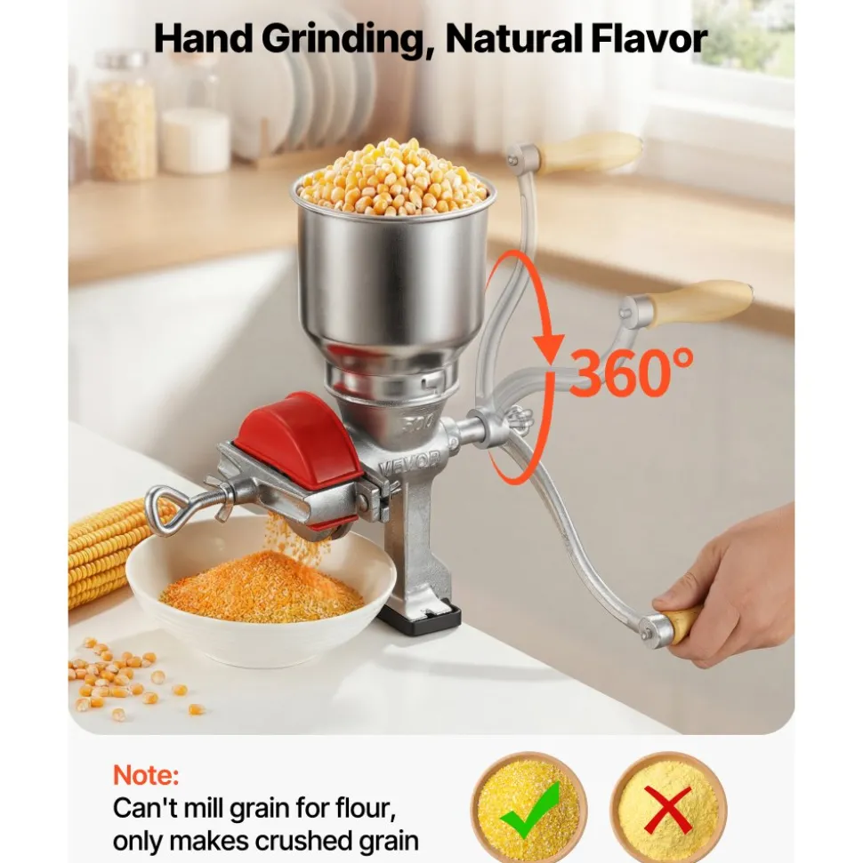VEVOR Manual Grain Mill with High Hopper, Hand-Crank Corn Grinder, Heavy Duty Cast Iron Wheat Grinding Mill with Stable Table Clamp & Dust Cover for Grains Spices Coffee Beans Nuts