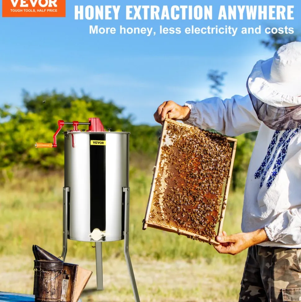 VEVOR Manual Honey Extractor, 3 Frames Honey Spinner Extractor, Stainless Steel Beekeeping Extraction, Honeycomb Drum Spinner with Lid, Apiary Centrifuge Equipment with Height Adjustable Stand