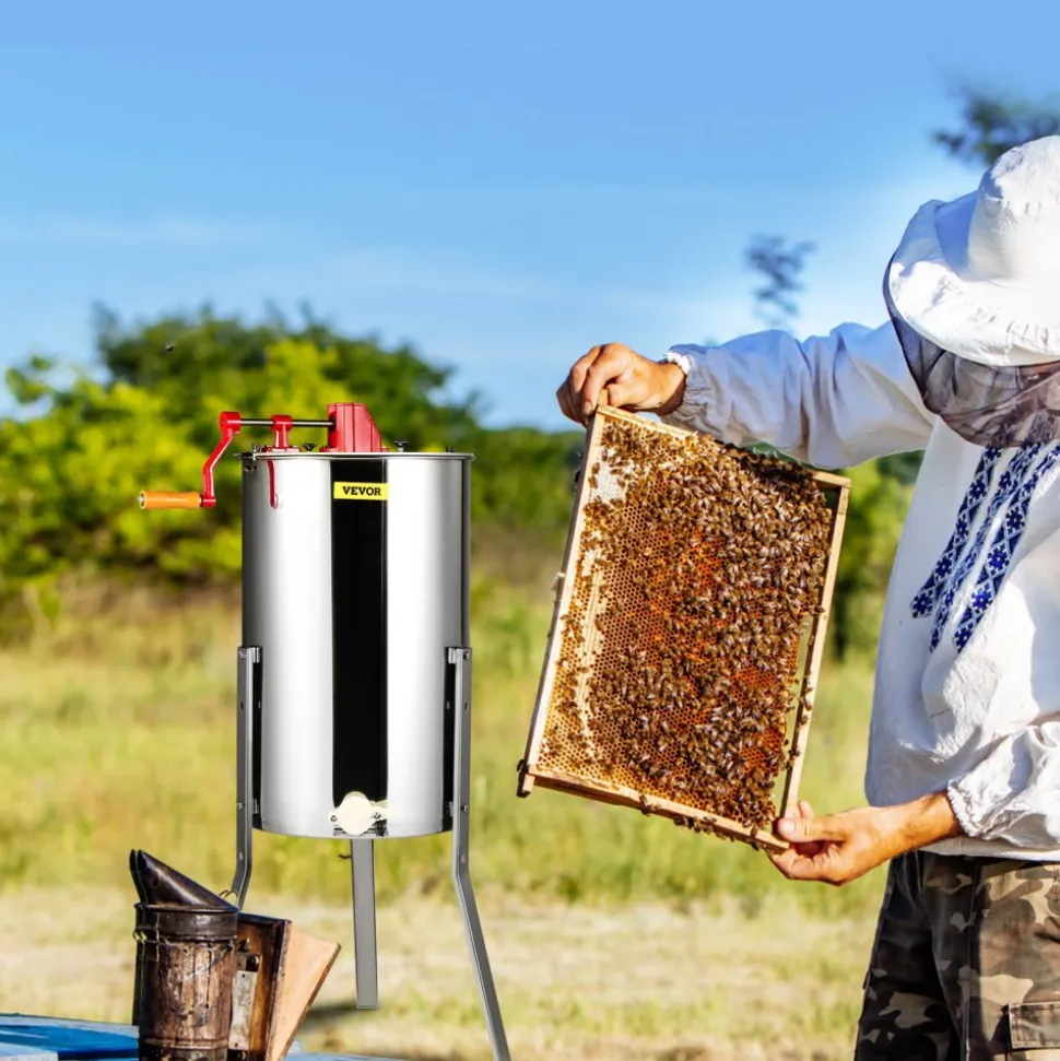 VEVOR Manual Honey Extractor, 3 Frames Honey Spinner Extractor, Stainless Steel Beekeeping Extraction, Honeycomb Drum Spinner with Lid, Apiary Centrifuge Equipment with Height Adjustable Stand