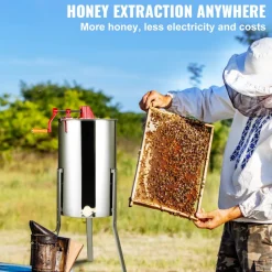 VEVOR Manual Honey Extractor, 2/4 Frames Honey Spinner Extractor, Stainless Steel Beekeeping Extraction, Honeycomb Drum Spinner with Lid, Apiary Centrifuge Equipment with Height Adjustable Stand