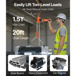 VEVOR Manual Lever Chain Hoist, 1-1/2T 3300LBS Capacity Heavy Duty Come Along, 20FT Lift G80 Alloy Steel Chain With Dual Pawl Mechanical Brake,360°Rotating Hooks, for Warehouse Construction Garage