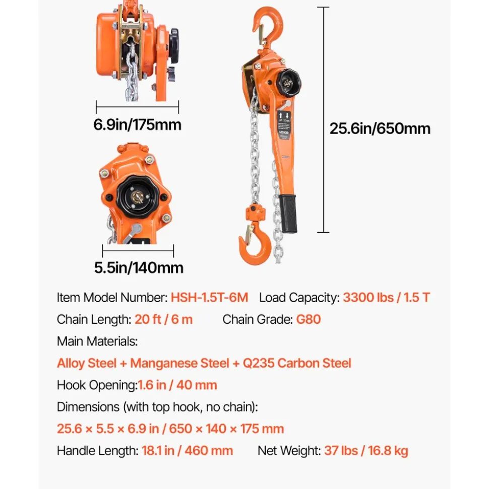 VEVOR Manual Lever Chain Hoist, 1-1/2T 3300LBS Capacity Heavy Duty Come Along, 20FT Lift G80 Alloy Steel Chain With Dual Pawl Mechanical Brake,360°Rotating Hooks, for Warehouse Construction Garage
