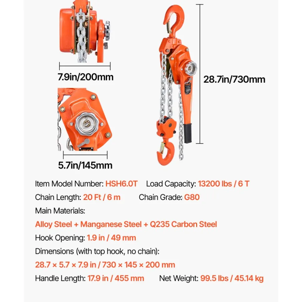 VEVOR Manual Lever Chain Hoist, 6T 13200LBS Capacity Heavy Duty Come Along, 20FT Lift G80 Alloy Steel Chain With Dual Pawl Mechanical Brake,360°Rotating Hooks, for Warehouse Construction Garage