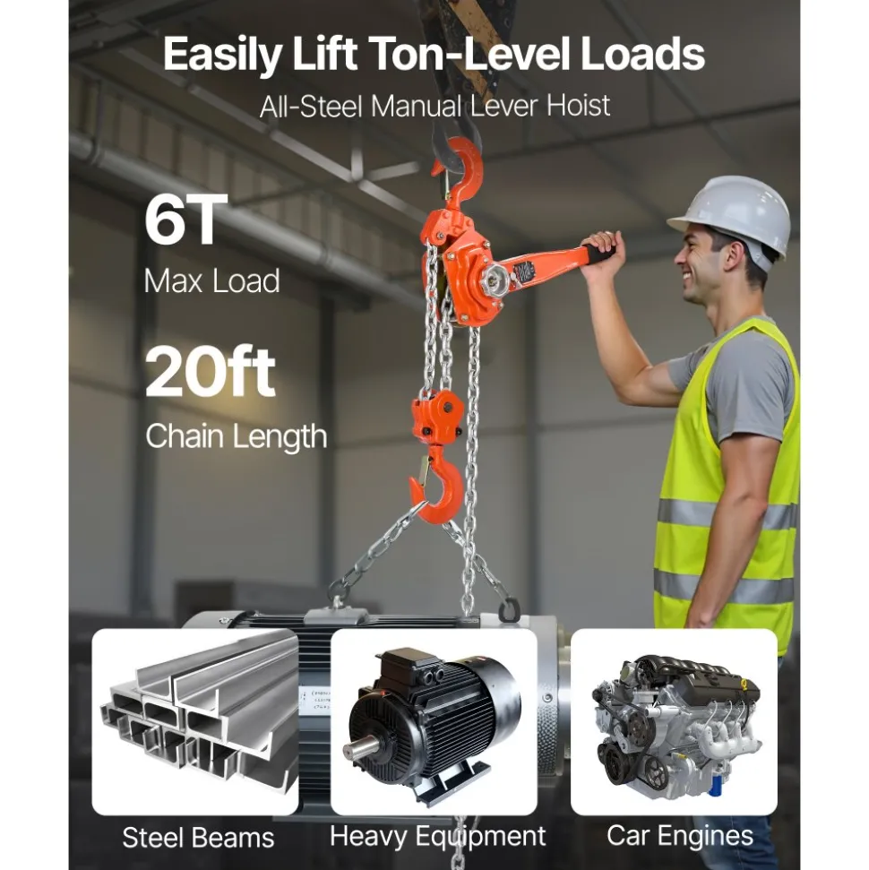 VEVOR Manual Lever Chain Hoist, 6T 13200LBS Capacity Heavy Duty Come Along, 20FT Lift G80 Alloy Steel Chain With Dual Pawl Mechanical Brake,360°Rotating Hooks, for Warehouse Construction Garage