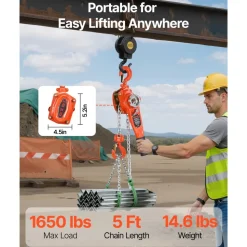 VEVOR Manual Lever Chain Hoist, 3/4T 1650LBS Capacity Heavy Duty Come Along, 5FT Lift G80 Alloy Steel Chain With Dual Pawl Mechanical Brake,360°Rotating Hooks, for Warehouse Construction Garage