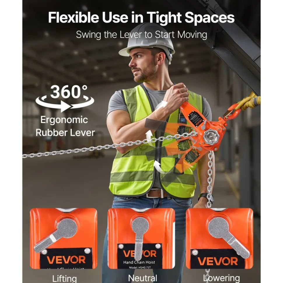 VEVOR Manual Lever Chain Hoist, 3/4T 1650LBS Capacity Heavy Duty Come Along, 20FT Lift G80 Alloy Steel Chain With Dual Pawl Mechanical Brake,360°Rotating Hooks, for Warehouse Construction Garage