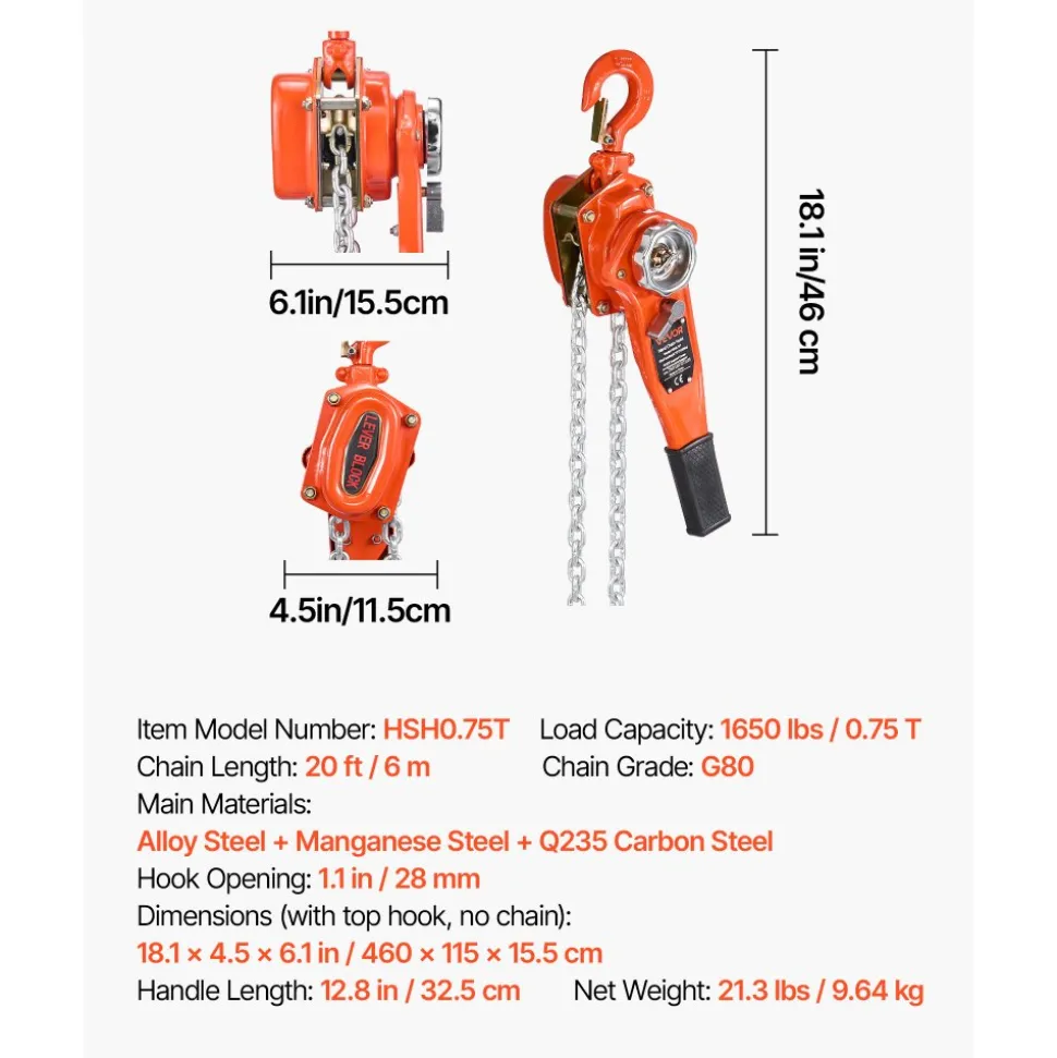 VEVOR Manual Lever Chain Hoist, 3/4T 1650LBS Capacity Heavy Duty Come Along, 20FT Lift G80 Alloy Steel Chain With Dual Pawl Mechanical Brake,360°Rotating Hooks, for Warehouse Construction Garage