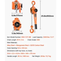 VEVOR Manual Lever Chain Hoist, 1-1/2T 3300LBS Capacity Heavy Duty Come Along, 10FT Lift G80 Alloy Steel Chain With Dual Pawl Mechanical Brake,360°Rotating Hooks, for Warehouse Construction Garage