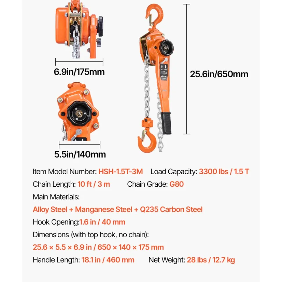 VEVOR Manual Lever Chain Hoist, 1-1/2T 3300LBS Capacity Heavy Duty Come Along, 10FT Lift G80 Alloy Steel Chain With Dual Pawl Mechanical Brake,360°Rotating Hooks, for Warehouse Construction Garage