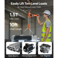 VEVOR Manual Lever Chain Hoist, 1-1/2T 3300LBS Capacity Heavy Duty Come Along, 10FT Lift G80 Alloy Steel Chain With Dual Pawl Mechanical Brake,360°Rotating Hooks, for Warehouse Construction Garage