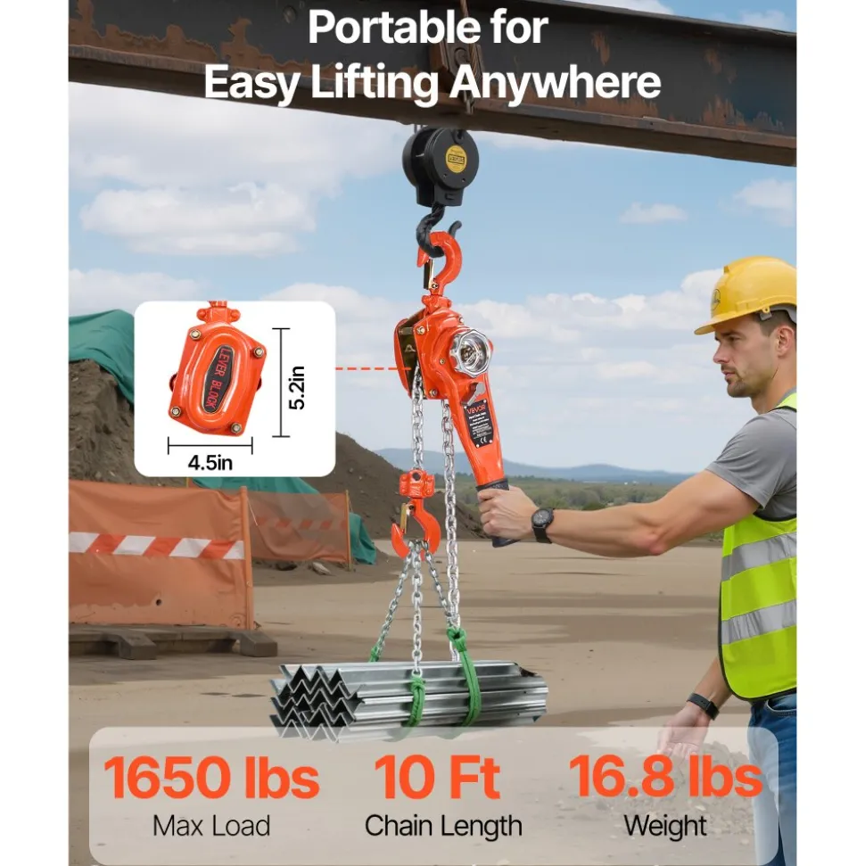 VEVOR Manual Lever Chain Hoist, 3/4T 1650LBS Capacity Heavy Duty Come Along, 10FT Lift G80 Alloy Steel Chain With Dual Pawl Mechanical Brake,360°Rotating Hooks, for Warehouse Construction Garage