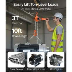 VEVOR Manual Lever Chain Hoist, 3T 6600LBS Capacity Heavy Duty Come Along, 10FT Lift G80 Alloy Steel Chain With Dual Pawl Mechanical Brake,360°Rotating Hooks, for Warehouse Construction Garage