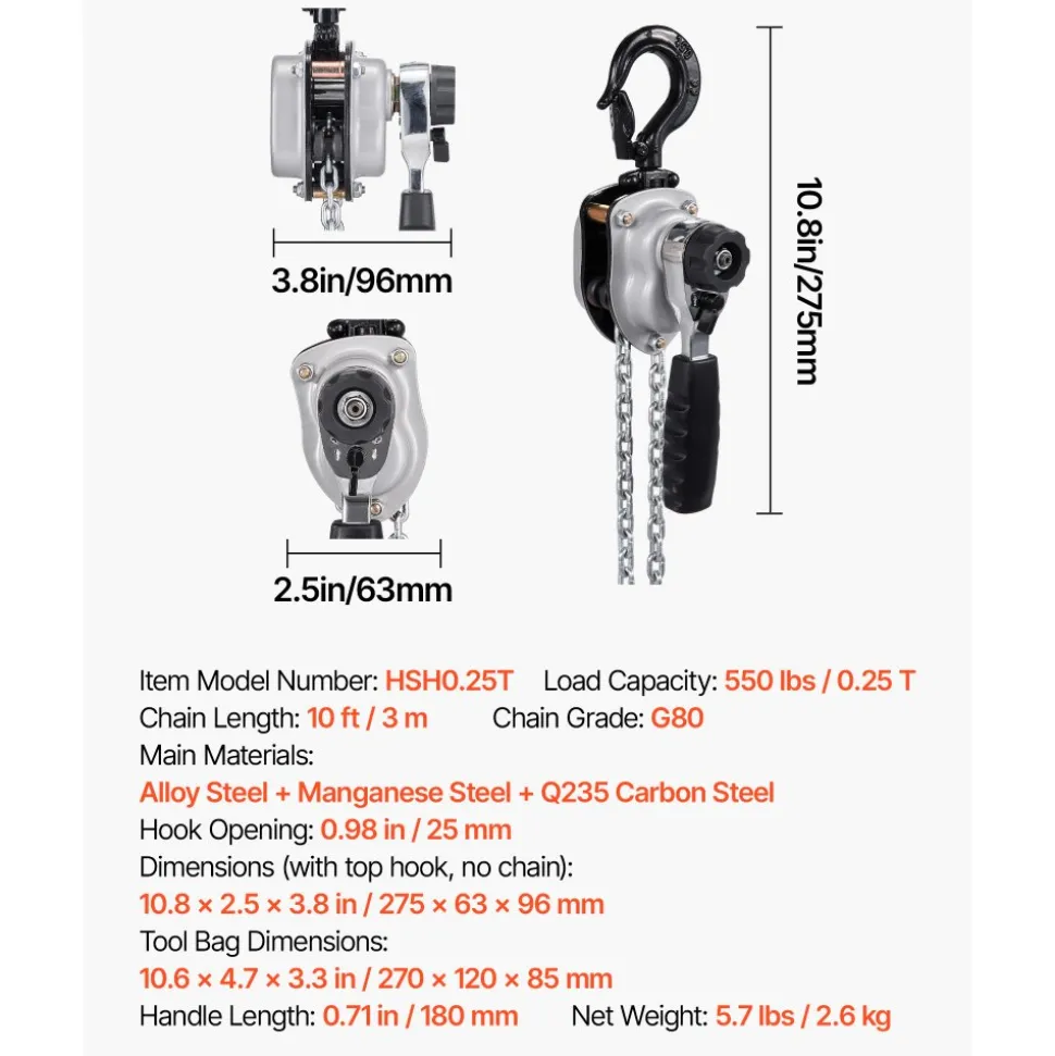 VEVOR Manual Lever Chain Hoist, 1/4T 550LBS Capacity Heavy Duty Come Along, 10FT Lift G80 Alloy Steel Chain With Dual Pawl Mechanical Brake,360°Rotating Hooks, for Warehouse Construction Garage