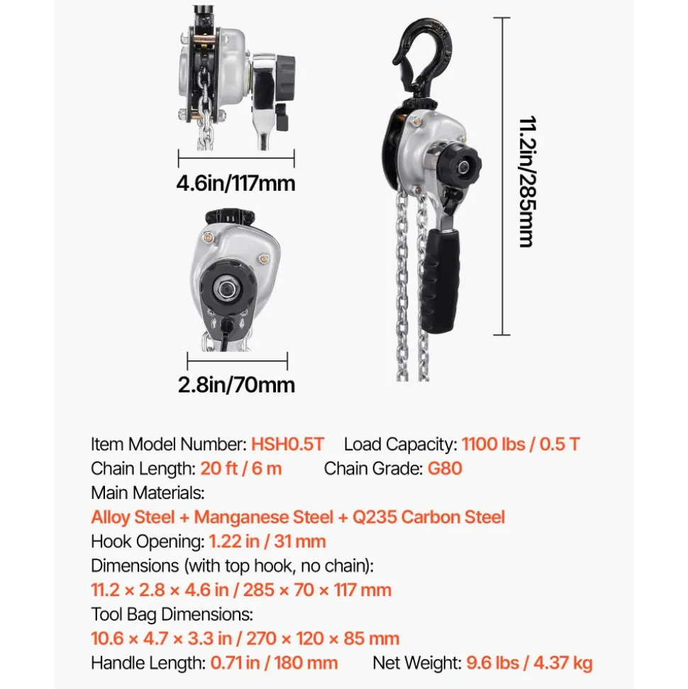 VEVOR Manual Lever Chain Hoist, 1/2T 1100LBS Capacity Heavy Duty Come Along, 20FT Lift G80 Alloy Steel Chain With Dual Pawl Mechanical Brake,360°Rotating Hooks, for Warehouse Construction Garage