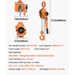 VEVOR Manual Lever Chain Hoist, 3T 6600LBS Capacity Heavy Duty Come Along, 20FT Lift G80 Alloy Steel Chain With Dual Pawl Mechanical Brake,360°Rotating Hooks, for Warehouse Construction Garage