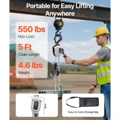 VEVOR Manual Lever Chain Hoist, 1/4T 550LBS Capacity Heavy Duty Come Along, 5FT Lift G80 Alloy Steel Chain With Dual Pawl Mechanical Brake,360°Rotating Hooks, for Warehouse Construction Garage