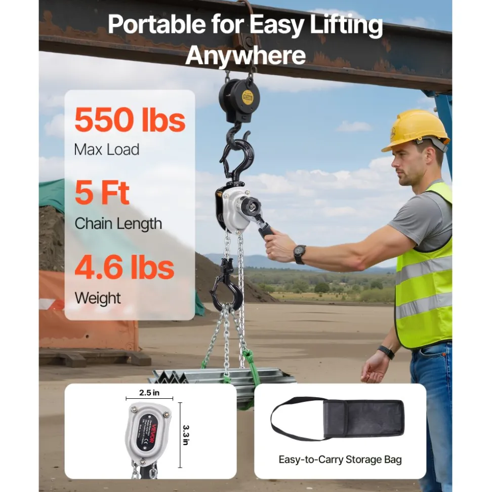 VEVOR Manual Lever Chain Hoist, 1/4T 550LBS Capacity Heavy Duty Come Along, 5FT Lift G80 Alloy Steel Chain With Dual Pawl Mechanical Brake,360°Rotating Hooks, for Warehouse Construction Garage