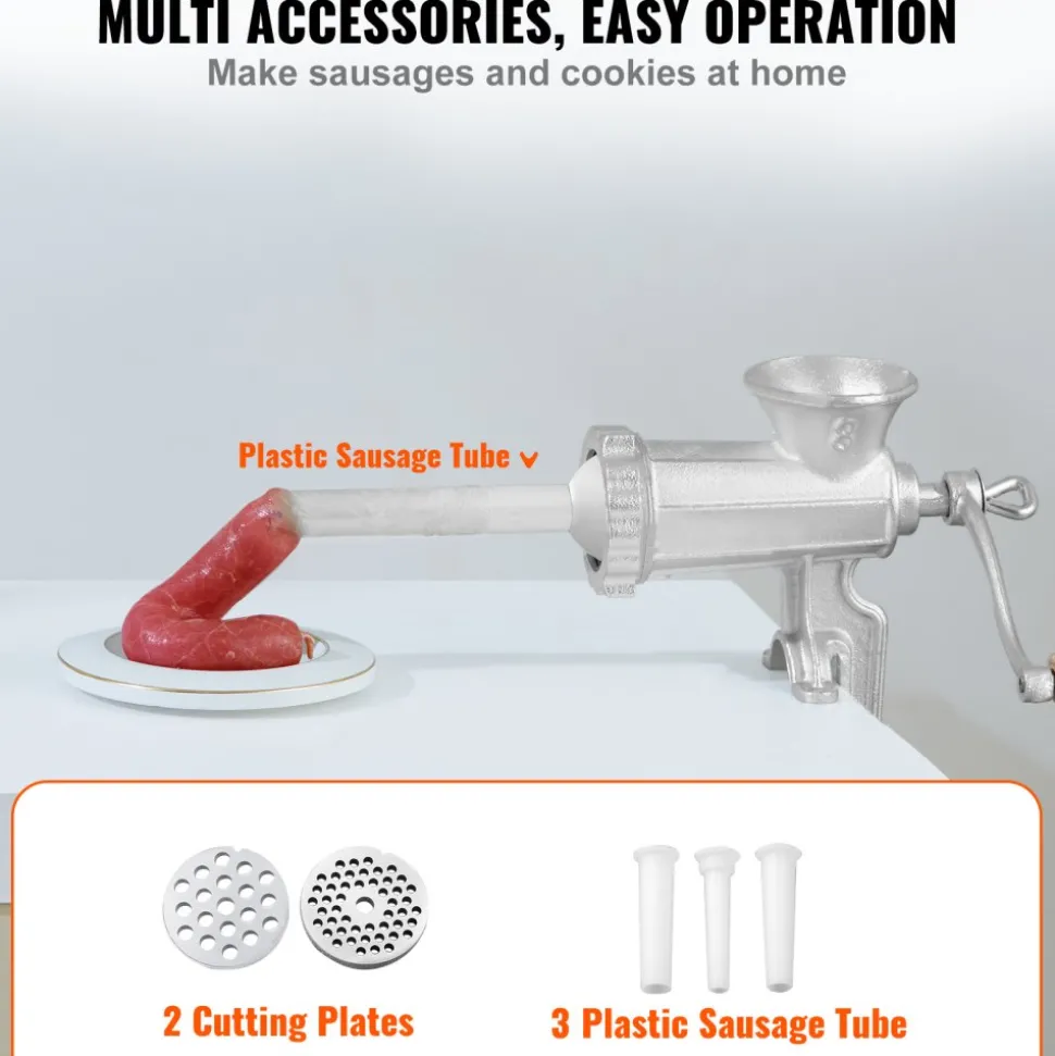 VEVOR Manual Meat Grinder, Heavy Duty Cast Iron Hand Meat Grinder with Steel Table Clamp, Meat Mincer Sausage Maker with 1 Cutting Blade, 2 Cutting Plates, 3 Sausage Tubes for Beef Pepper Mushroom