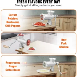 VEVOR Manual Meat Grinder, Heavy Duty Cast Iron Hand Meat Grinder with Steel Table Clamp, Meat Mincer Sausage Maker with 1 Cutting Blade, 2 Cutting Plates, 3 Sausage Tubes for Beef Pepper Mushroom