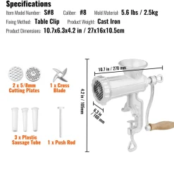 VEVOR Manual Meat Grinder, Heavy Duty Cast Iron Hand Meat Grinder with Steel Table Clamp, Meat Mincer Sausage Maker with 1 Cutting Blade, 2 Cutting Plates, 3 Sausage Tubes for Beef Pepper Mushroom