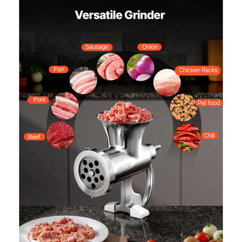 VEVOR Manual Meat Grinder, 304 Stainless Steel Hand Crank Meat Mincer with Steel Table Clamp, Sausage Stuffer with 2 Cutting Plates & 4 Sausage Tubes, Food Grinder for Beef Chili Pork Kitchen Tabletop