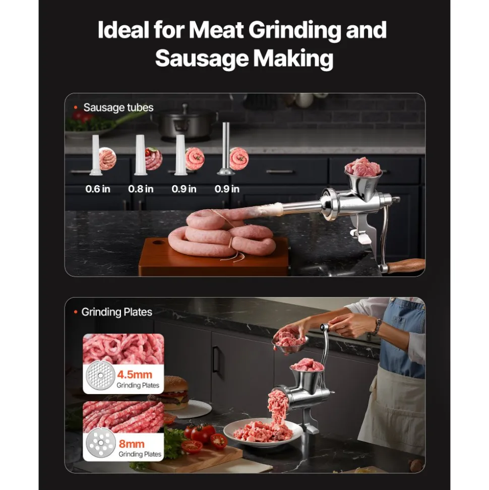 VEVOR Manual Meat Grinder, 304 Stainless Steel Hand Crank Meat Mincer with Steel Table Clamp, Sausage Stuffer with 2 Cutting Plates & 4 Sausage Tubes, Food Grinder for Beef Chili Pork Kitchen Tabletop