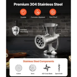 VEVOR Manual Meat Grinder, 304 Stainless Steel Hand Crank Meat Mincer with Steel Table Clamp, Sausage Stuffer with 2 Cutting Plates & 4 Sausage Tubes, Food Grinder for Beef Chili Pork Kitchen Tabletop