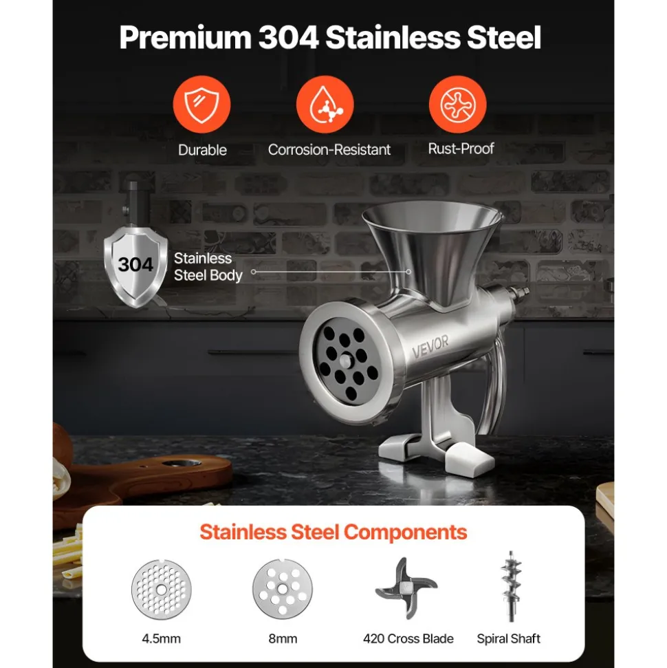 VEVOR Manual Meat Grinder, 304 Stainless Steel Hand Crank Meat Mincer with Steel Table Clamp, Sausage Stuffer with 2 Cutting Plates & 4 Sausage Tubes, Food Grinder for Beef Chili Pork Kitchen Tabletop