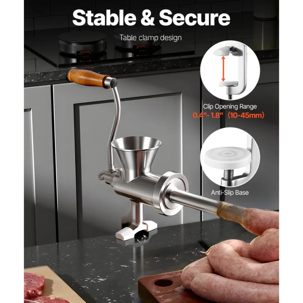 VEVOR Manual Meat Grinder, 304 Stainless Steel Hand Crank Meat Mincer with Steel Table Clamp, Sausage Stuffer with 2 Cutting Plates & 4 Sausage Tubes, Food Grinder for Beef Chili Pork Kitchen Tabletop