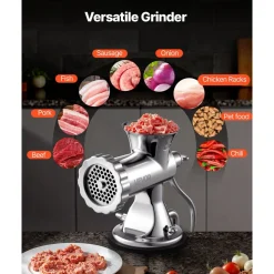 VEVOR Manual Meat Grinder, 304 Stainless Steel Hand Meat Grinder with Suction Cup + Steel Table Clamp, Meat Mincer Sausage Maker & 2 Cutting Plates, Sausage Tube, Grinding Head for Beef Pepper Cookie