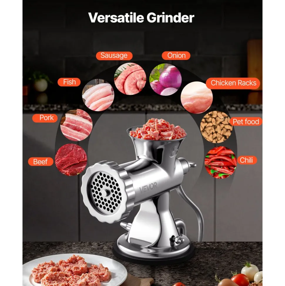 VEVOR Manual Meat Grinder, 304 Stainless Steel Hand Meat Grinder with Suction Cup + Steel Table Clamp, Meat Mincer Sausage Maker & 2 Cutting Plates, Sausage Tube, Grinding Head for Beef Pepper Cookie