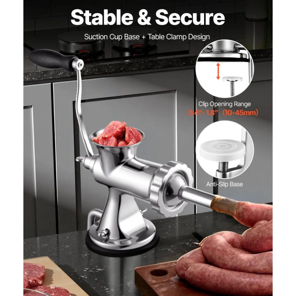 VEVOR Manual Meat Grinder, 304 Stainless Steel Hand Meat Grinder with Suction Cup + Steel Table Clamp, Meat Mincer Sausage Maker & 2 Cutting Plates, Sausage Tube, Grinding Head for Beef Pepper Cookie