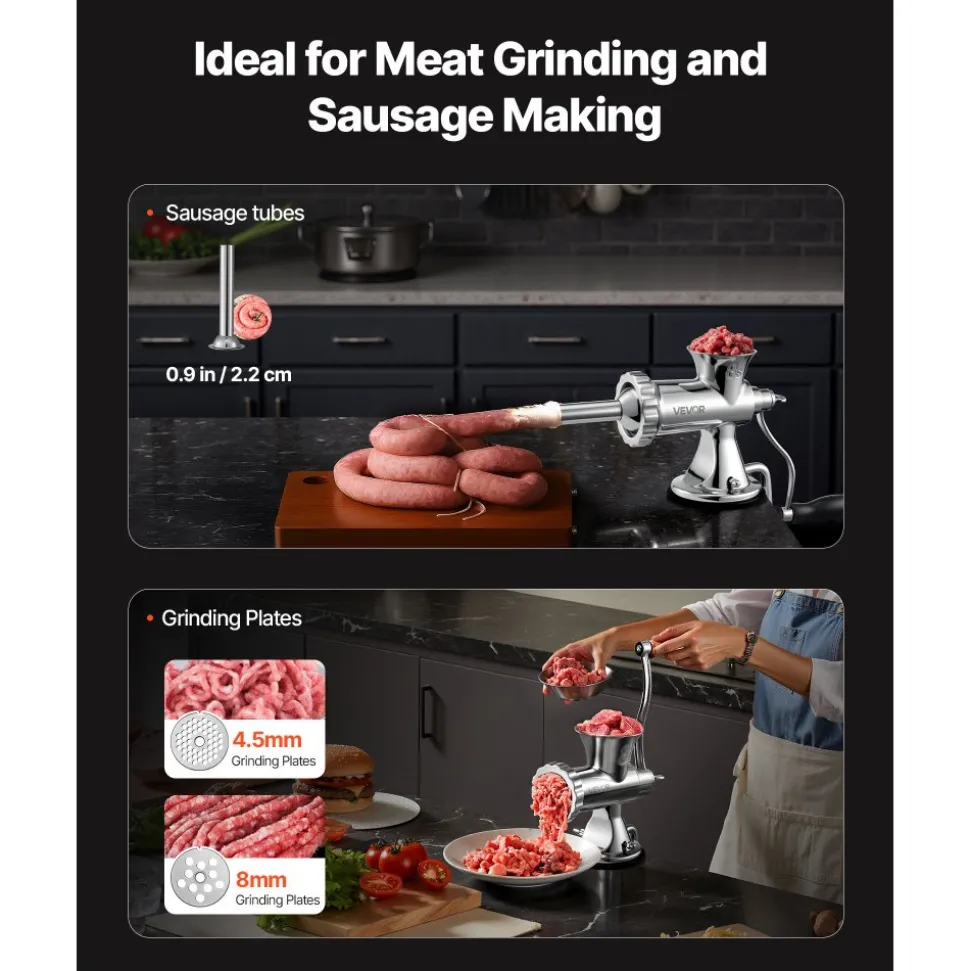 VEVOR Manual Meat Grinder, 304 Stainless Steel Hand Meat Grinder with Suction Cup + Steel Table Clamp, Meat Mincer Sausage Maker & 2 Cutting Plates, Sausage Tube, Grinding Head for Beef Pepper Cookie