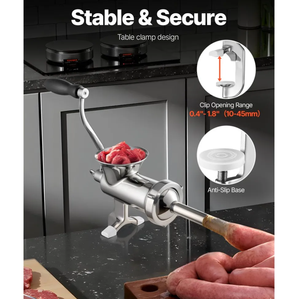 VEVOR Manual Meat Grinder, 304 Stainless Steel Hand Meat Grinder with Steel Table Clamp, Meat Mincer Sausage Maker & 2 Cutting Plates, Cookie Attachment, Sausage Tube for Beef Pepper Mushroom Cookie